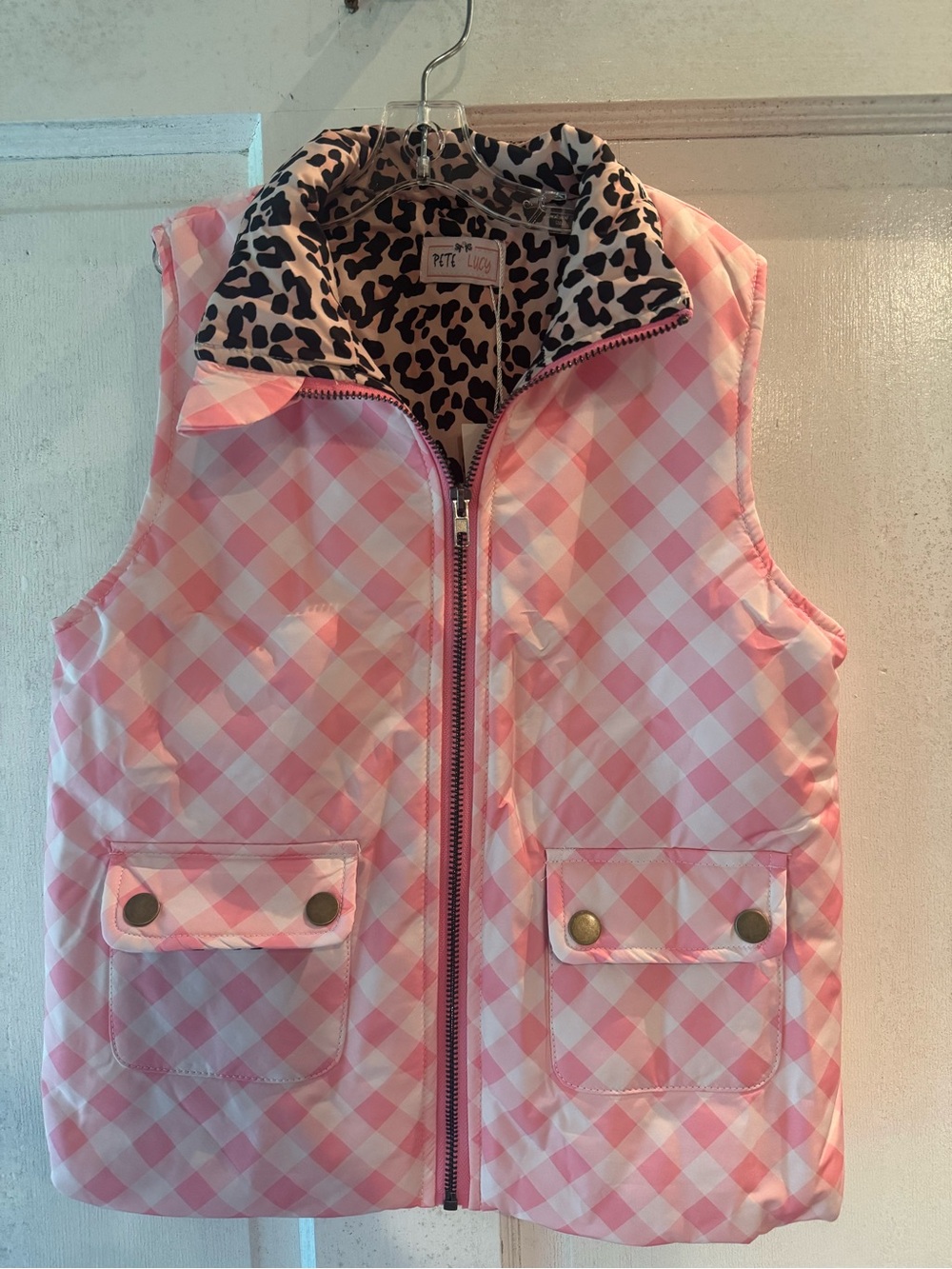 Children's Pink Gingham Puffer Vest with Leopard Lining